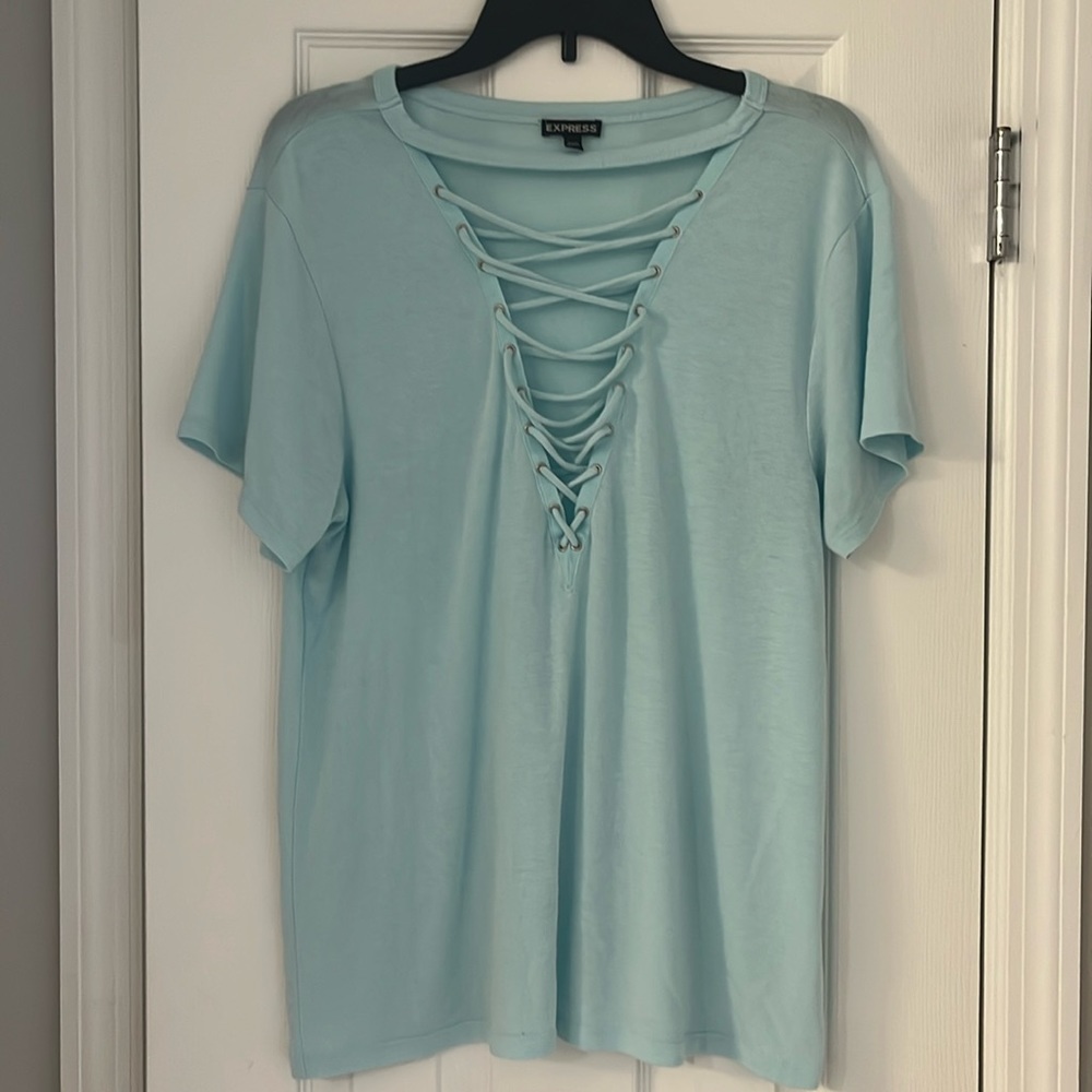 Oversized Light Blue Express Tie Detail Shirt